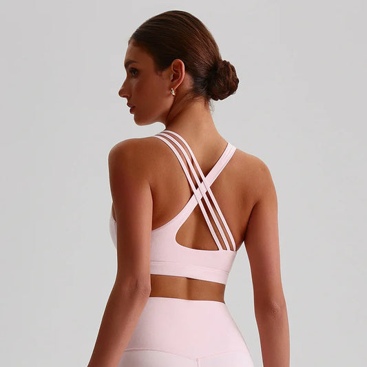 Solid Color Butter Cross Gym Yoga Underwear Women Cross Back Shoulder Straps Fitness Sport Bra High Impact Push Up Top With Pad